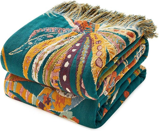 MSGKV Boho Throw Blanket for Bed Twin Size 100% Cotton Floral Blanket 60"x80" by MSGKVHomeTextiles