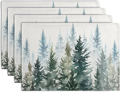 Watercolor Dark Green Tree Table Mats Set of 4 Rustic Nature Forest Pine Tree by Wnoesat