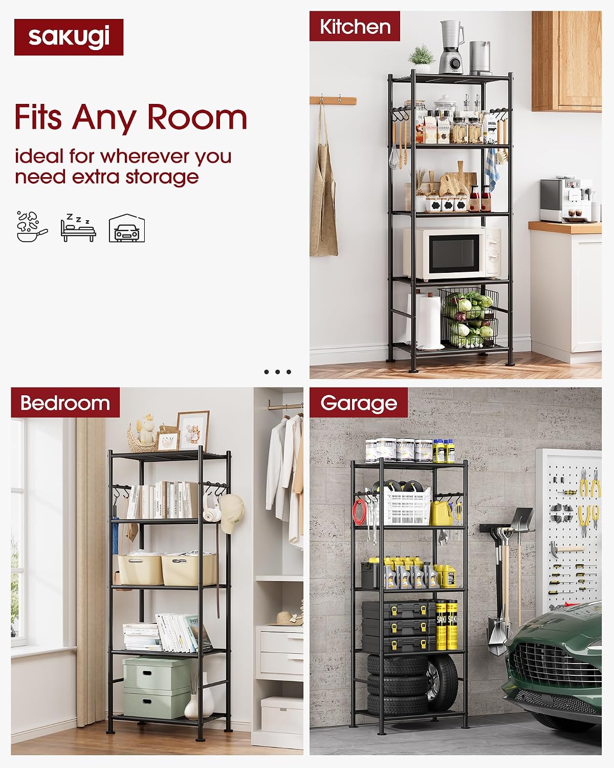 sakugi 5-tier storage rack organizer with hooks, heavy, side view