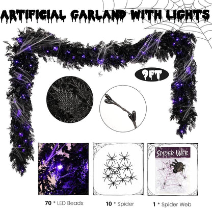 Pre-lit Halloween Garland Decorations Black Real Touch Cedar Cypress with Berry & Spider & Spiderweb Halloween Garland for Mantle, Fireplace, Table, Stairs, Door, Indoor Outdoor Decor, 9FT
