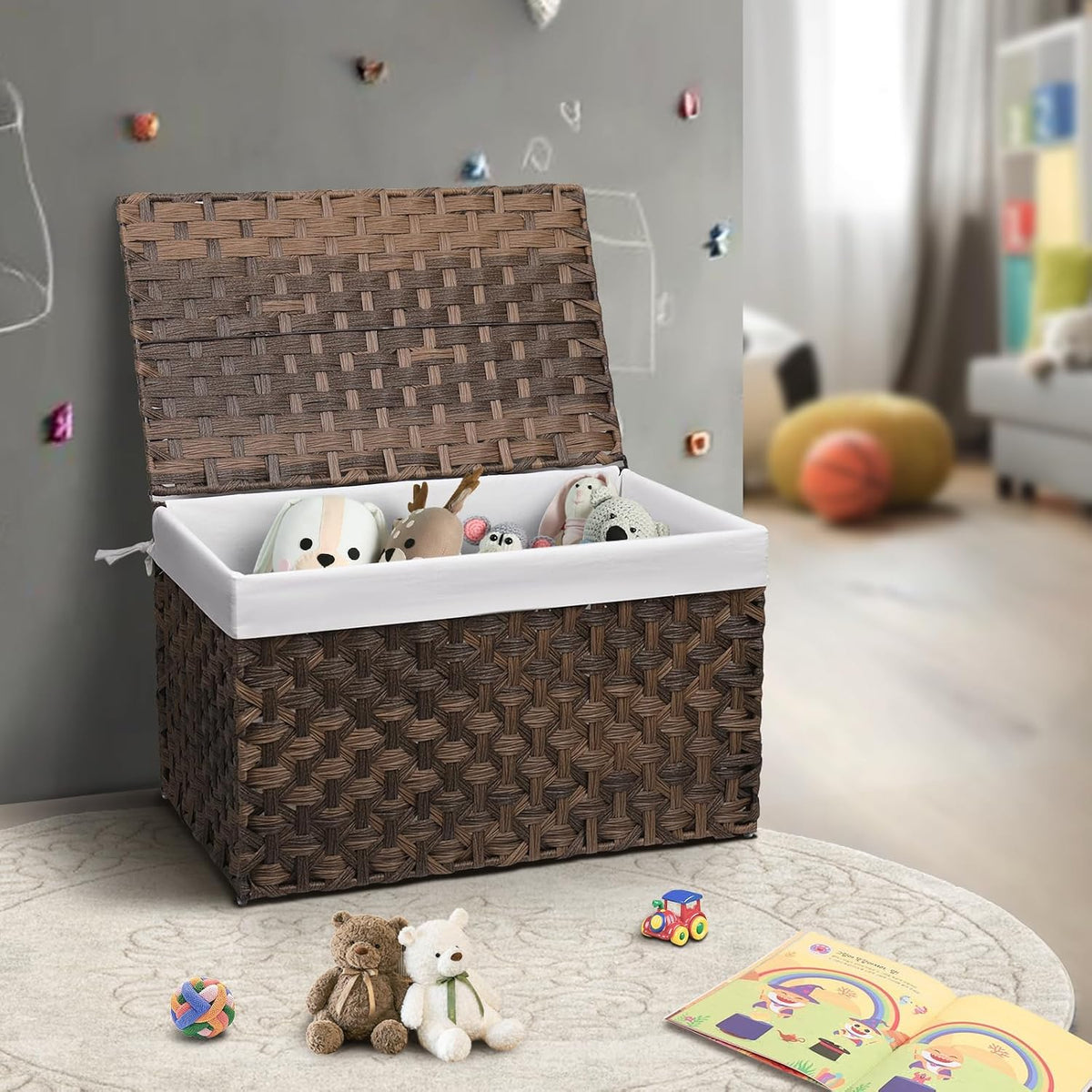 large wicker storage basket with lid, 27.7 gallon shown in use