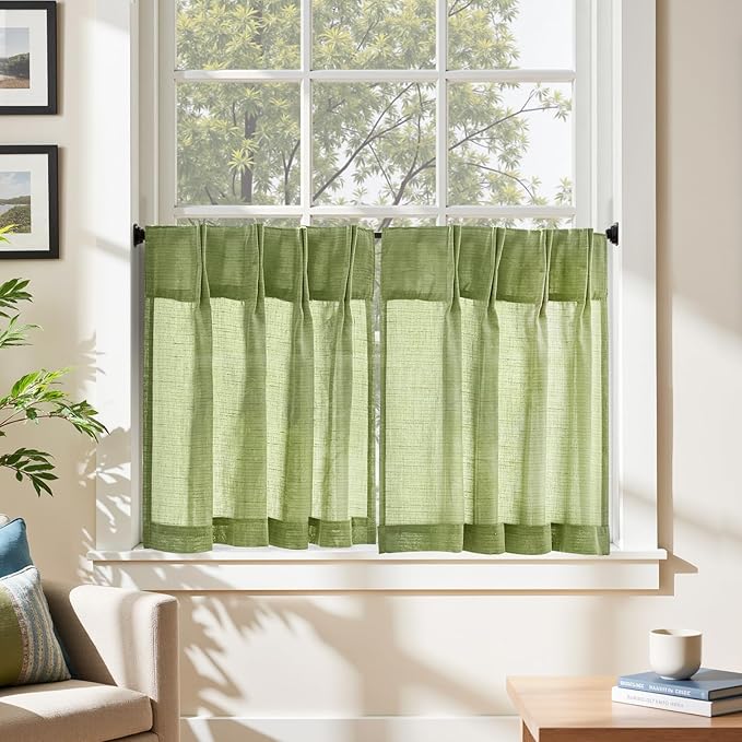 jinchan Linen Pinch Pleated Kitchen Curtains 24 Inch 2 Panels, Natural Linen - Image 3