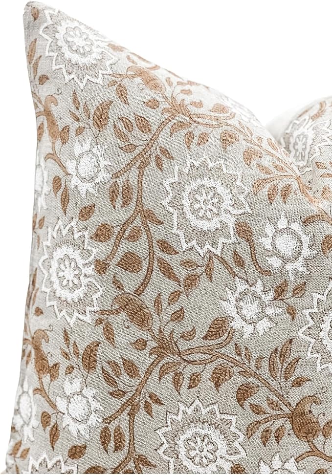 Designer Tan Beige Floral Design on Natural Linen Pillow Cover, Boho Décor - Image 5