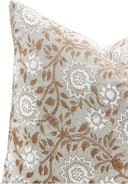 Designer Floral Warm Beige Tan on Off White Linen Pillow Cover, Peachy Pillow - Image 2