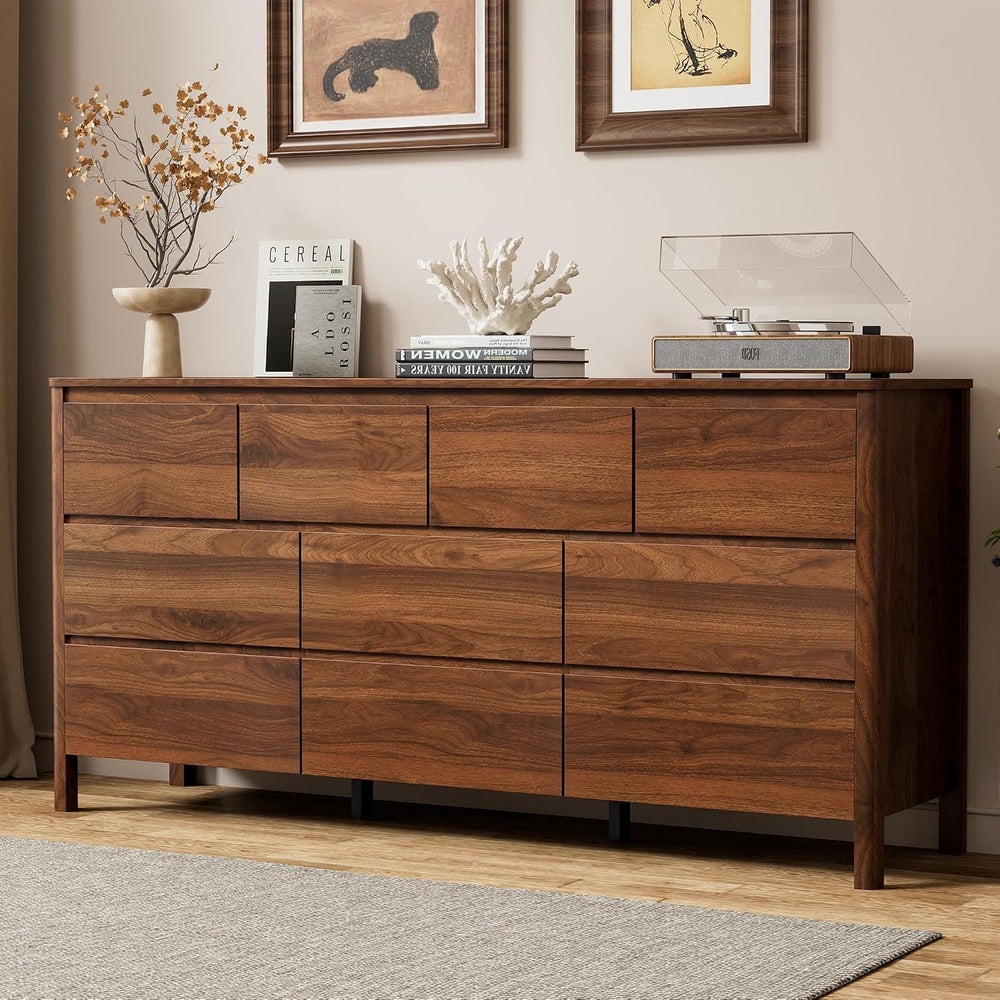 63.1" Wide 10 Drawer Wood Dresser for Bedroom with Legs, Walnut