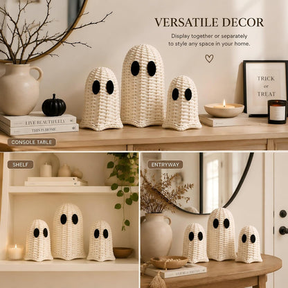 Geelin White 3 Pcs Halloween Rattan Wicker Ghosts Decoration Cute Farmhouse Ghost Figurines for Table Tray Shelf Desk Tiered Tray Centerpieces Indoor Tabletop Halloween Decor