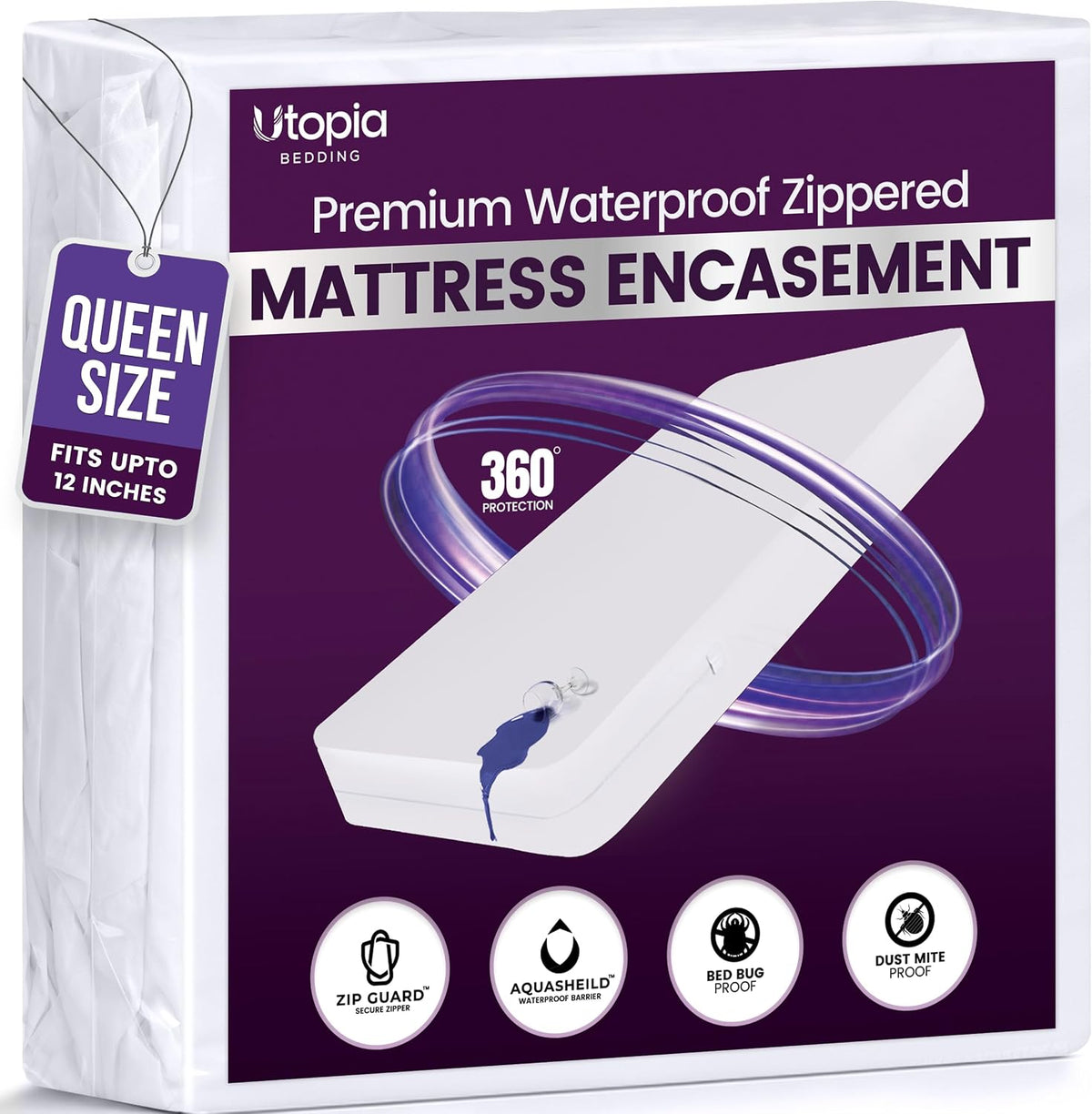 waterproof zippered mattress protector queen size, 12" deep shown in use