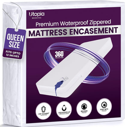 waterproof zippered mattress protector queen size, 12" deep shown in use