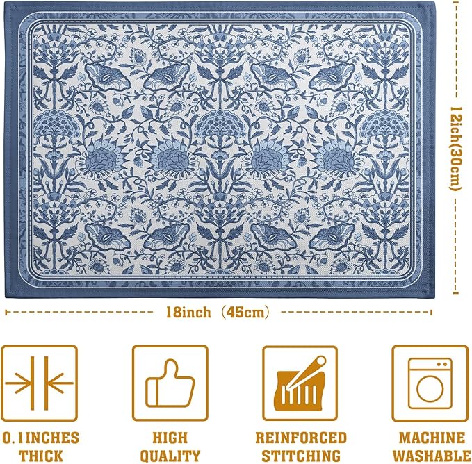 Blue Floral Boho Placemats Set of 4, 12x18 Inch Vintage Chinoiserie Block Print - Image 4