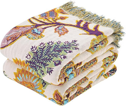 Boho Throw Blanket for Bed, 100% Cotton Soft Rustic Quilt Fall Blanket by XIBLC