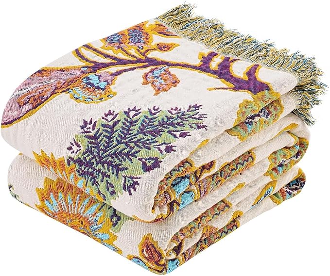 Boho Throw Blanket for Bed, 100% Cotton Soft Rustic Quilt Fall Blanket by XIBLC