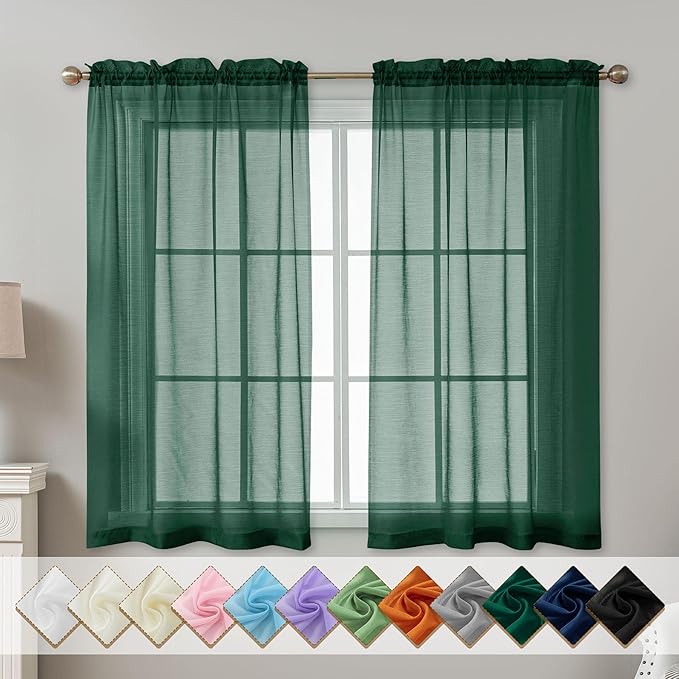 Green Sheer Curtains 54 Inch Length, Privacy Semi Sheer Curtains by ABLUEN