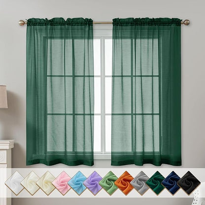 Green Sheer Curtains 54 Inch Length, Privacy Semi Sheer Curtains by ABLUEN