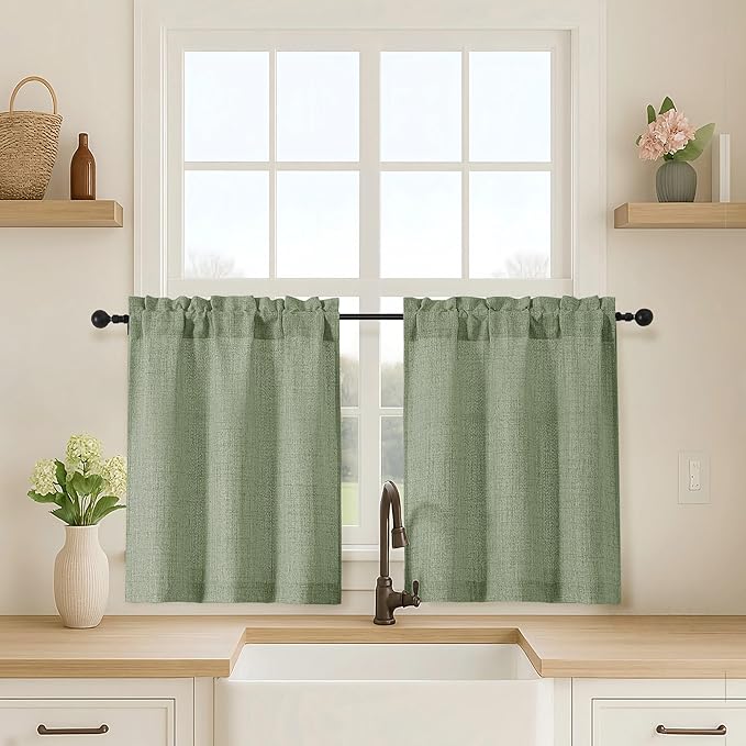 OVZME Green Kitchen Curtains 24 Inch Length, Light Filtering Faux Linen by OVZME