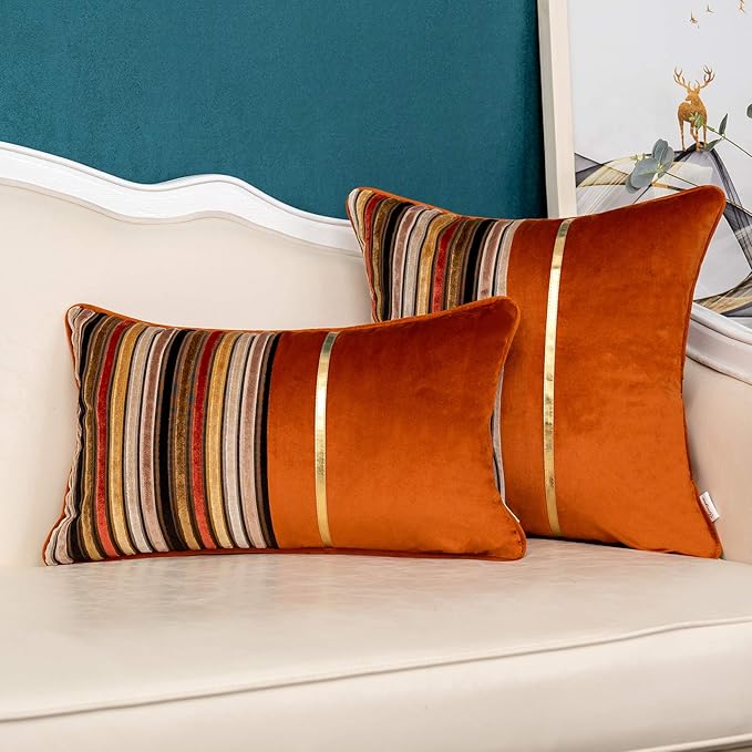 Yangest Orange Striped Patchwork Throw Pillow Cover Gold Leather Cushion Cover - Image 6