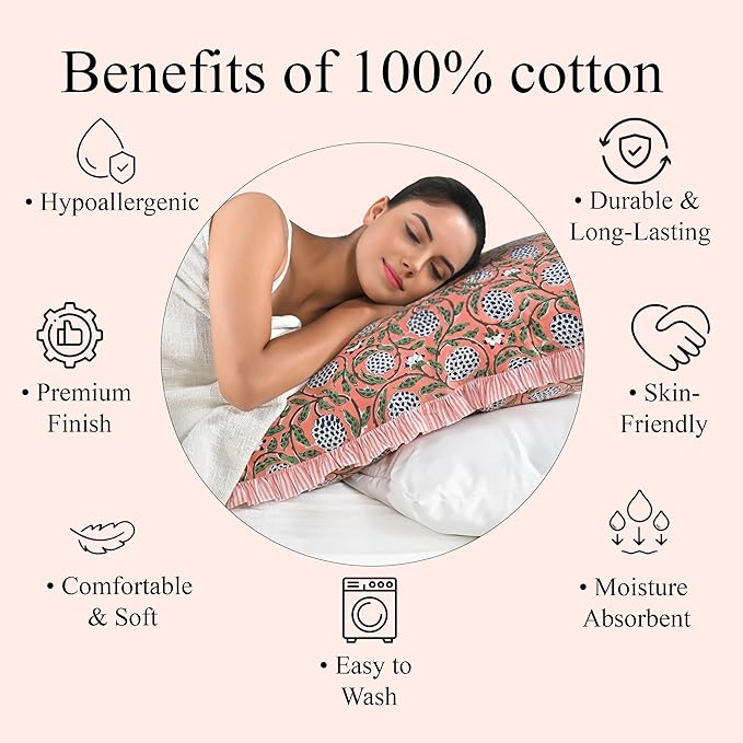 Ridhi Dark Salmon Pink 100% Cotton Block Print Ruffle Lumbar Sham Cover - Image 9