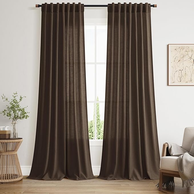 Nanspring Chocolate Linen Blend Light Filtering Back Tab Curtains 108 Inches by Nanspring