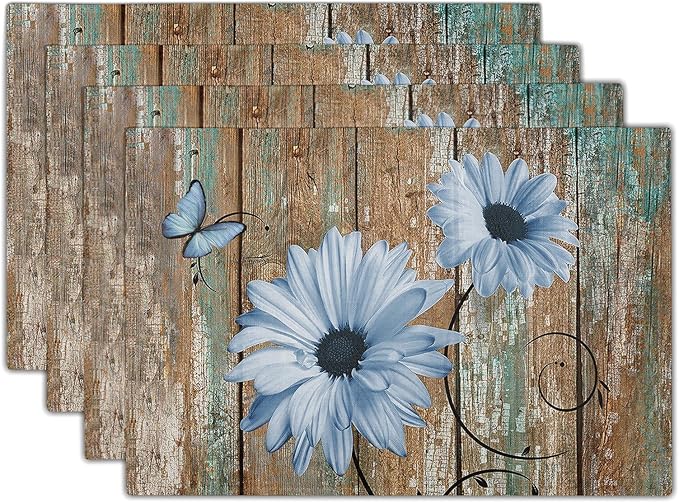 Giwawa Rustic Daisy Placemats Set of 4- Blue Sunflowers on Vintage Wood Board by Giwawa