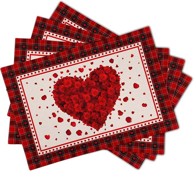 Giwawa 4PCs Valentines Day Placemats 12x18 Inch Love Hearts Rose Flower Place - Image 2