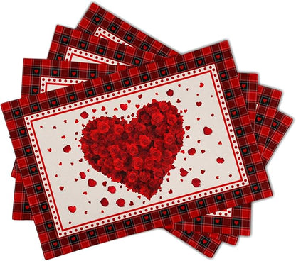 Giwawa 4PCs Valentines Day Placemats 12x18 Inch Love Hearts Rose Flower Place - Image 2