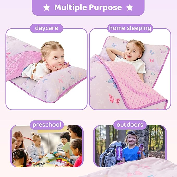 Viviland Toddler Kid Nap Mat for Preschool, Girls Purple Butterfly Slumber Bag - Image 7