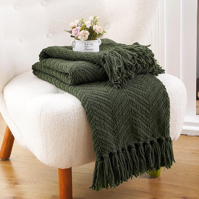 BATTILO HOME Olive Green Chenille Throw Blanket - Image 5