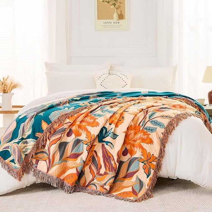 Boho Throw Blanket for Bed, 100% Cotton Soft Rustic Quilt Fall Blanket - Image 5