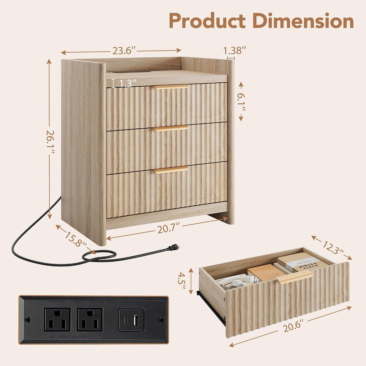 25.9" fluted nightstand with charging station, large bedside shown in use
