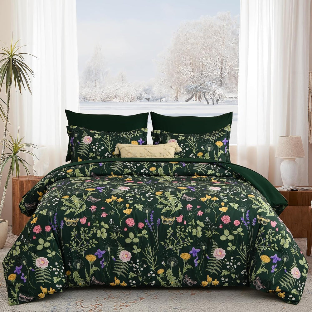 Yiran Queen Comforter Set 7 Piece, Dark Green Floral Bedding Bed in a Bag