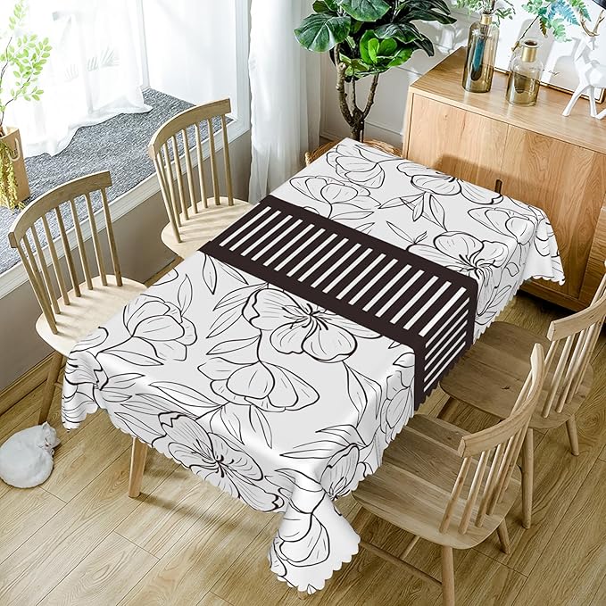 54x120inches Floral Rectangle Tablecloth Black and White Sketch Floral Printed - Image 5