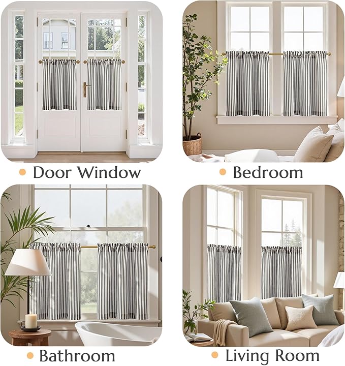 jinchan Striped Linen Kitchen Curtains 24 Inches Tier Curtains Farmhouse Modern - Image 4