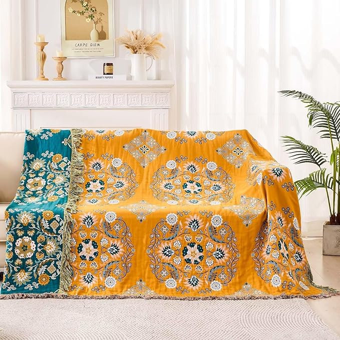 Boho Throw Blanket, 100% Cotton Ultra Soft Luxury Throw Rustic Quilt, Floral - Image 2