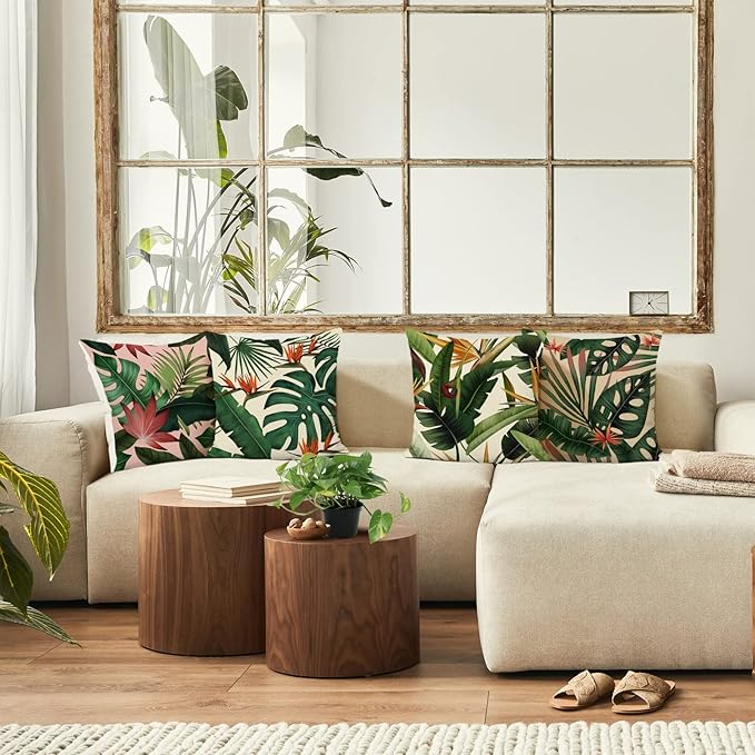 Bonhause Tropical Leaves Throw Pillow Covers 18x18 Set of 4 Green Palm Leaf - Image 3