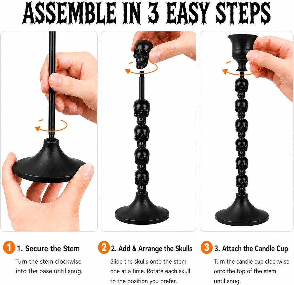 Skull Candle Holder, Gothic Taper Candlestick for Halloween, 6 Pack