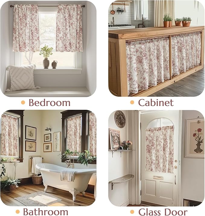 jinchan Floral Linen Tier Curtains Floral Brick Red on Beige Christmas - Image 3