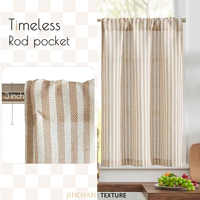 jinchan Striped Linen Kitchen Curtains 30 Inches Length Tier Curtains Farmhouse - Image 3