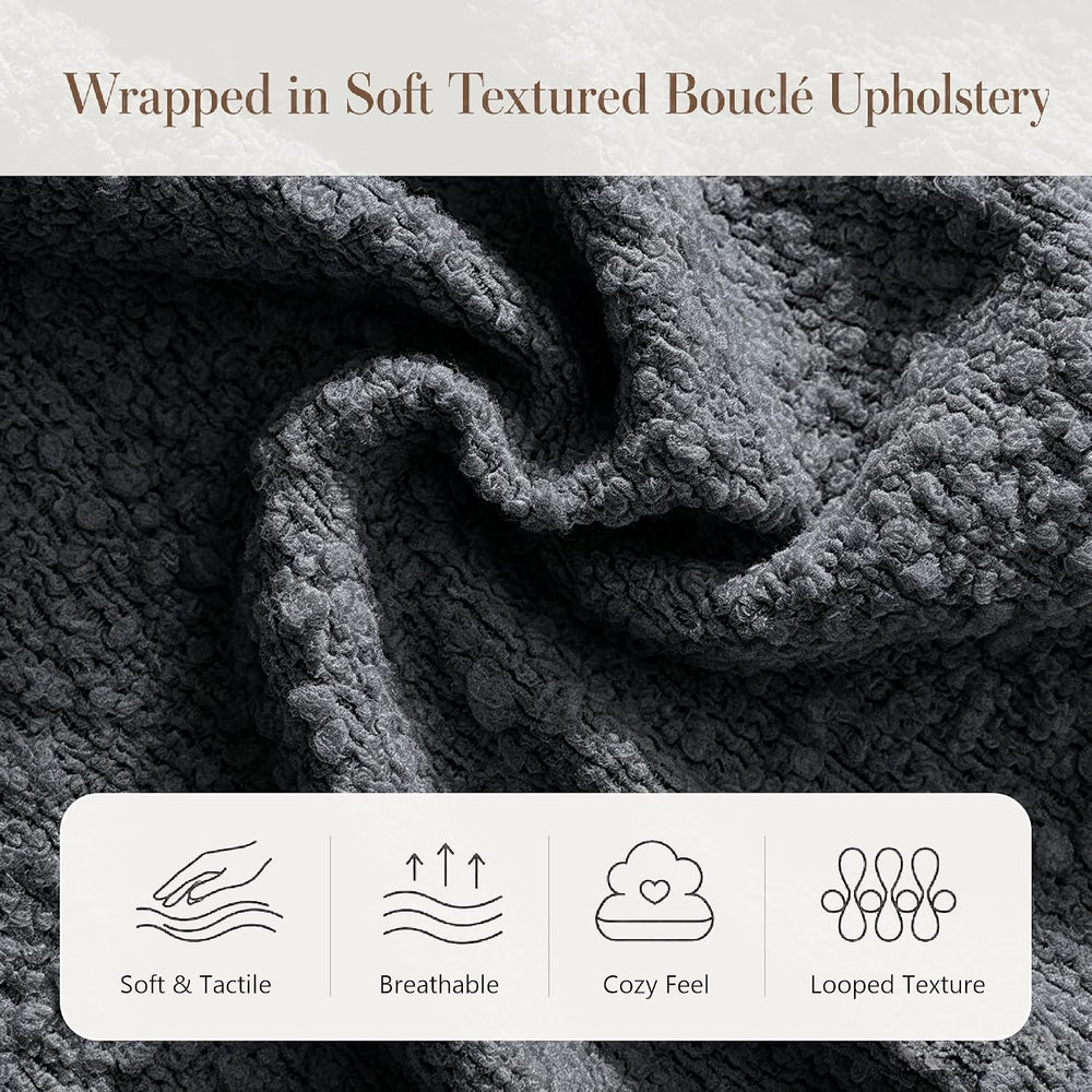 BarnFurin Full Bed Frame, Cloud Boucle Headboard, Low Profile, Dark Grey