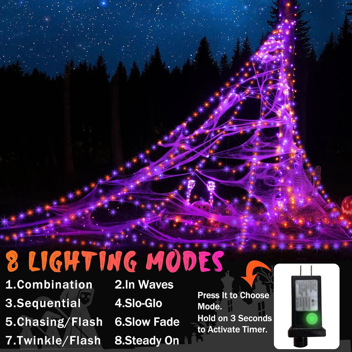 Halloween Spider Web Lights Decoration 455 LED Spider Webs Halloween Decorations Outdoor with 59" Large Spider & 3.53 oz Stretch Cobweb 16.4 Ft Light Up Giant Spider Web (Purple & Orange)