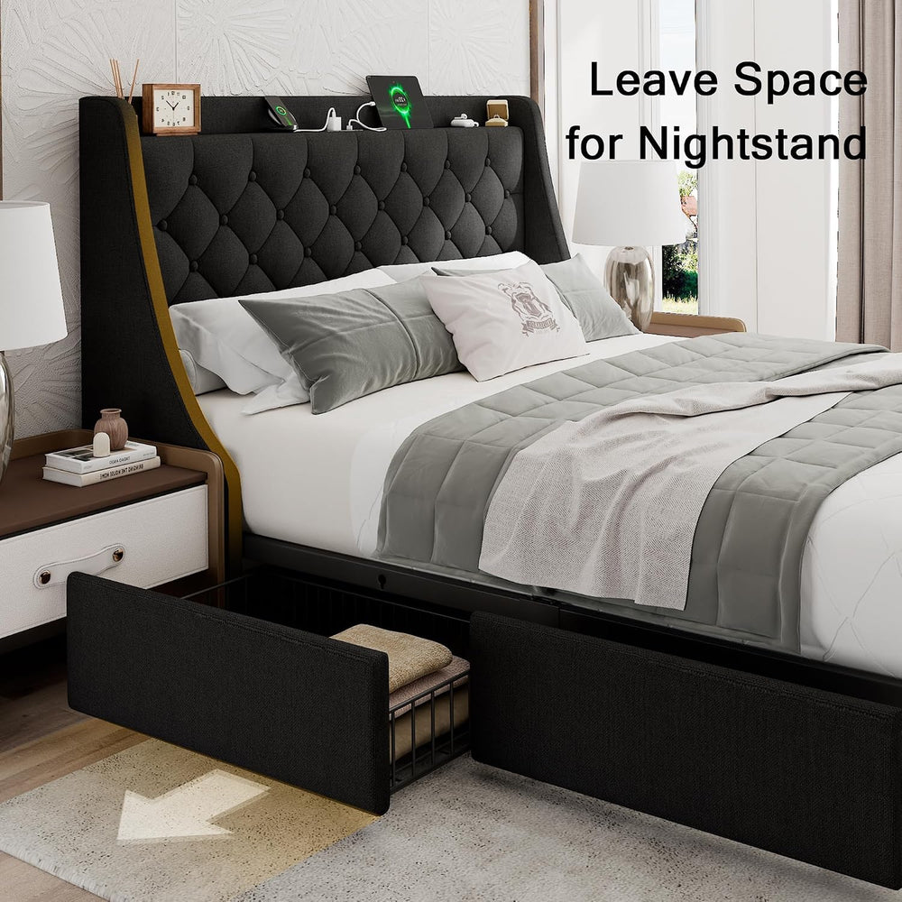 Einhomn Queen Bed Frame with 4 Storage Drawers, Upholstered Modern Bed Frame ...