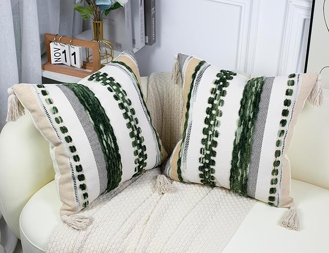 PANOD Chenille Farmhouse Throw Pillow Covers 16 x 16 Dark Green, Neutral Boucle - Image 2