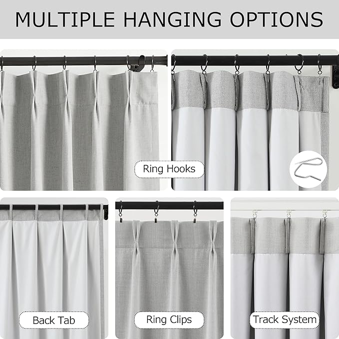 Vision Home Light Gray Pinch Pleated Full Blackout Curtains Linen Blended Room - Image 3