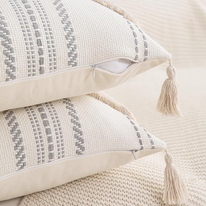 Boho Throw Pillow Covers 18x18 Set of 2 Cotton Woven Tufted Farmhouse Pillows - Image 2