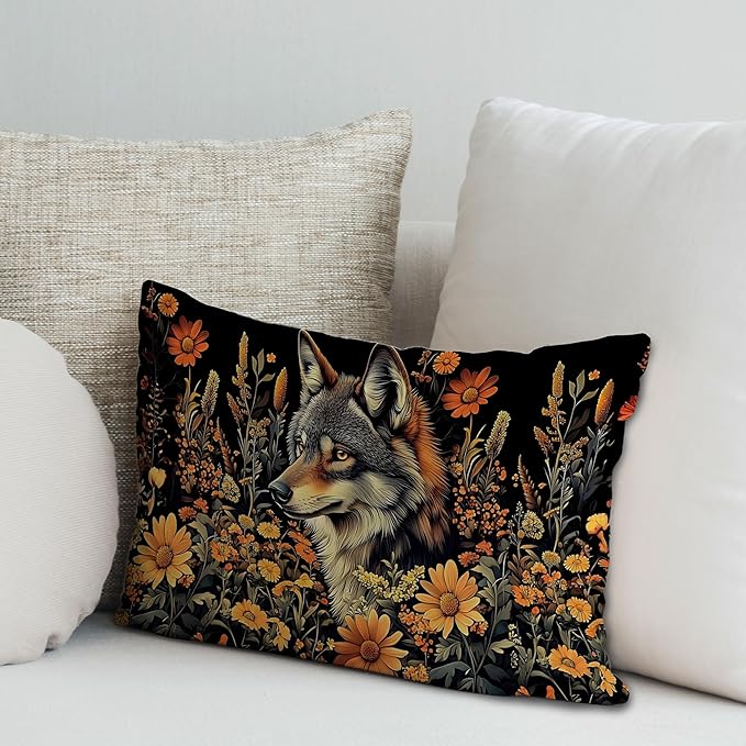 Moody Floral Wolf Pillow Covers 12x20, Dark Academia Room Decor, Dark - Image 3