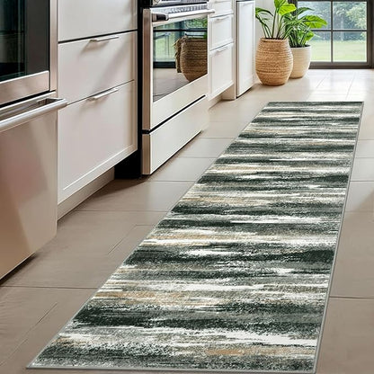 Modern Abstract Hallway Runner Rug, Forest Green Washable Kitchen Runner - Image 2