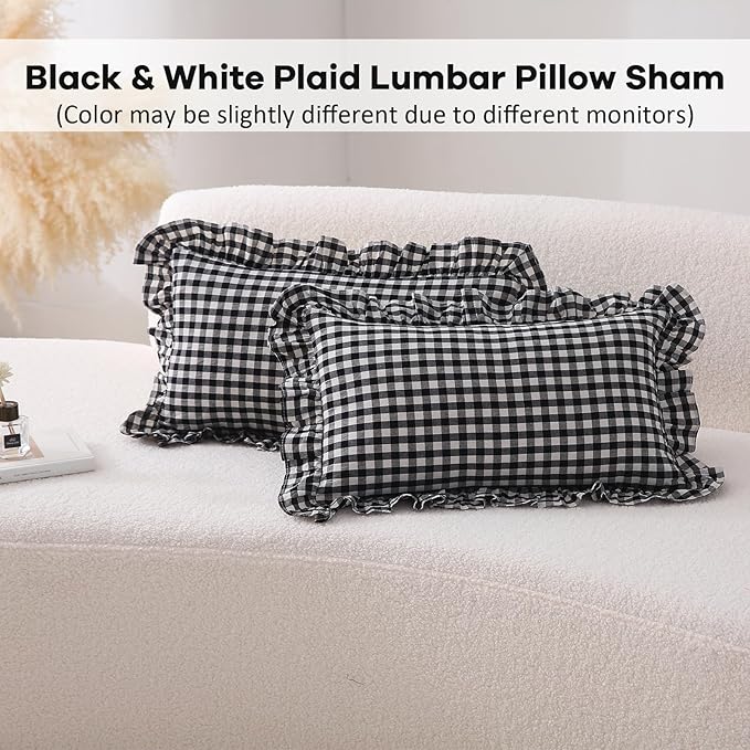 2 Pack Black White Plaid Ruffle Gingham Lumbar Pillow Shams, 100% Washed Cotton - Image 2