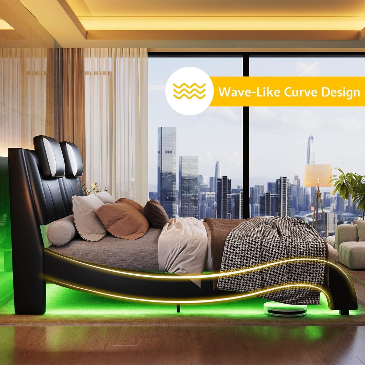 jocisland full led bed frame/faux leather headboard/wave design, side view