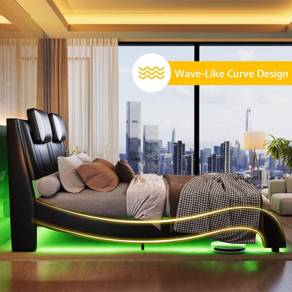 jocisland full led bed frame/faux leather headboard/wave design, side view