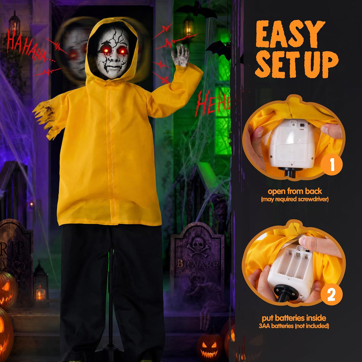 JOYIN Halloween Decorations Outdoor Ghost, Life Size Halloween Animatronics Ghost Decor Sound Activated with Glowing Eyes, Scary Haunted House Props for Garden Yard Lawn