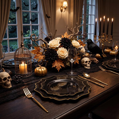COLOSUS 60PCS Black Plastic Plates, Elegant Disposable Plates for Halloween