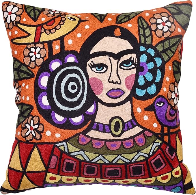 Frida Kahlo Inspired Pillow Cover Orange Mexican Art Pillowcase Eclectic by Kashmir+Designs
